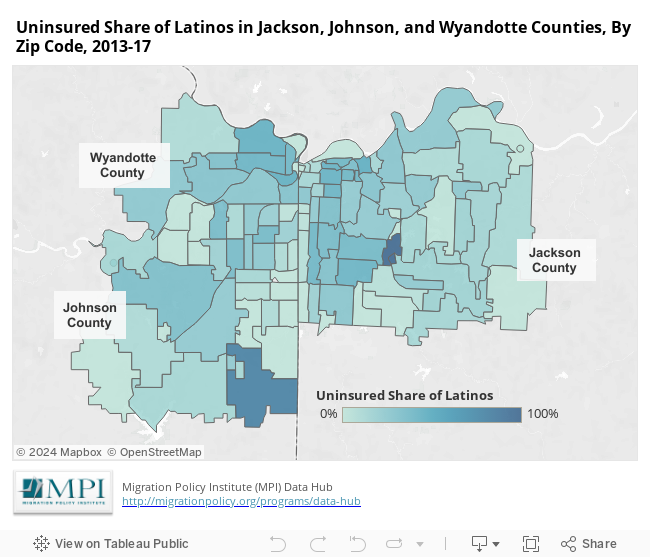 Uninsured Share of Latinos in Jackson, Johnson, and Wyandotte Counties, By Zip Code, 2013-17