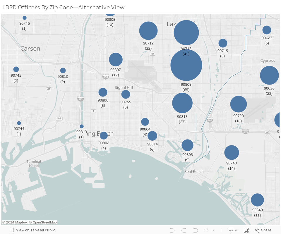 LBPD Officers By Zip Code—Alternative View 