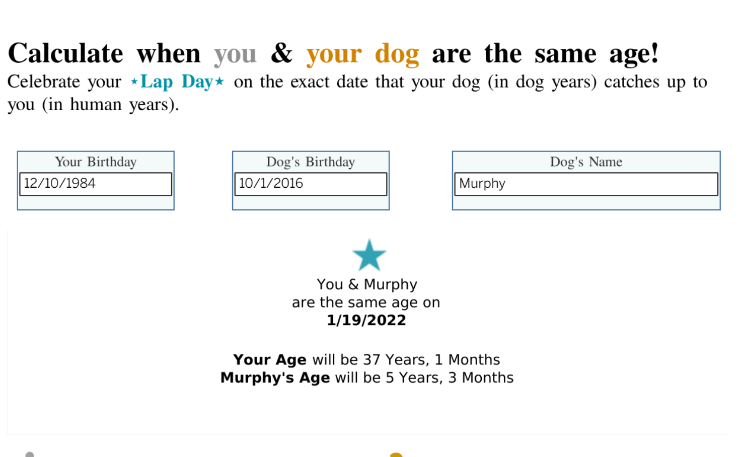 Lap Day Calculator: When are you and your dog the same age? | Tableau Public Lap Day Calculator: When are you and your dog the same age? | Tableau Public