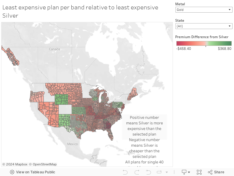 Least expensive plan per band relative to least expensive Silver 