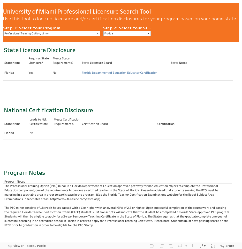 University of Miami Professional Licensure Search ToolUse this tool to look up licensure and/or certification disclosures for your program based on your home state.  