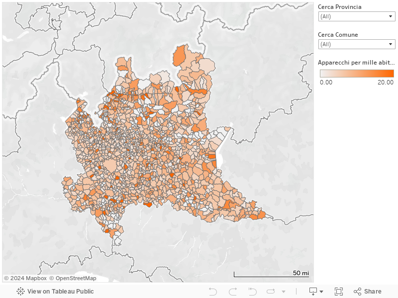 Lombardia - Mappa apparecchi per mille abitanti comuni 2016 