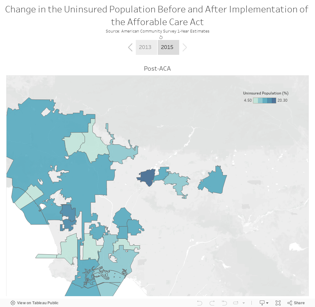 Change in the Uninsured Population Before and After Implementation of the Afforable Care ActSource: American Community Survey 1-Year Estimates 