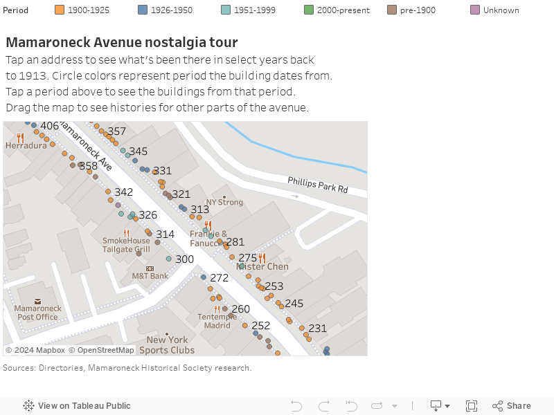 Mamaroneck Avenue nostalgia tourTap an address to see what's been there in select years back to 1913.Circle colors represent period when the building dates from. Tap a period above to see the buildings from that period. Drag the map to see histories f 
