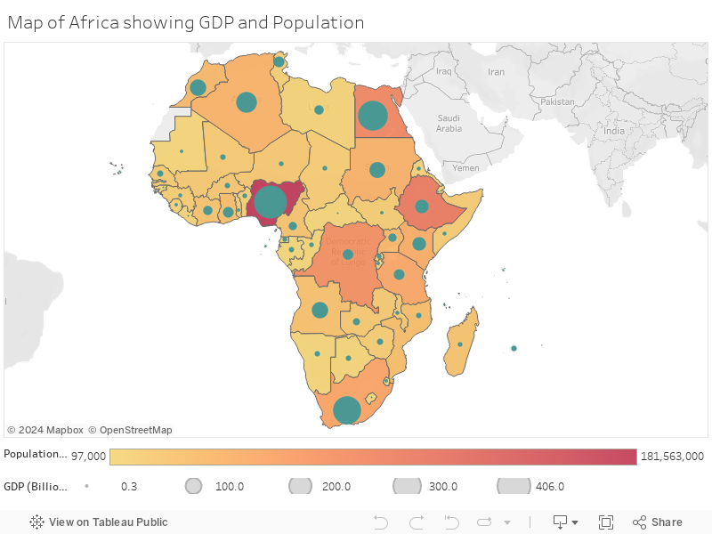 Map of Africa showing GDP and Population 