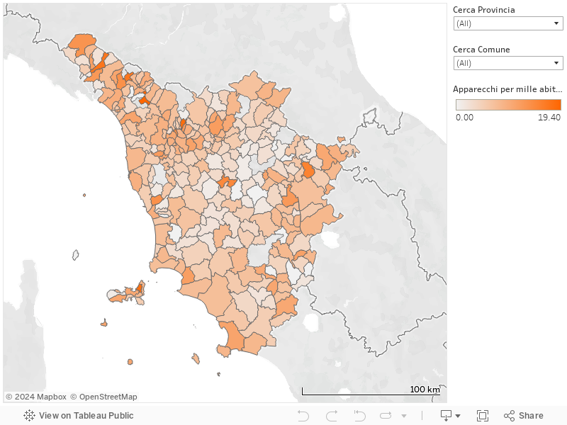 Mappa apparecchi per mille abitanti comuni della Toscana 