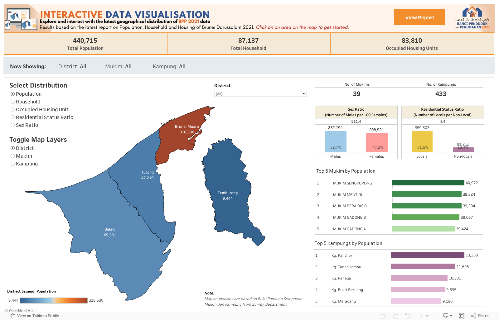 Geographic DistributionResults based on the latest report on Population, Household and Housing of Brunei Darussalam 2021. Click on an area on the map to get started. 