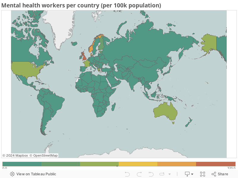 每个国家精神卫生工作者(每100人)