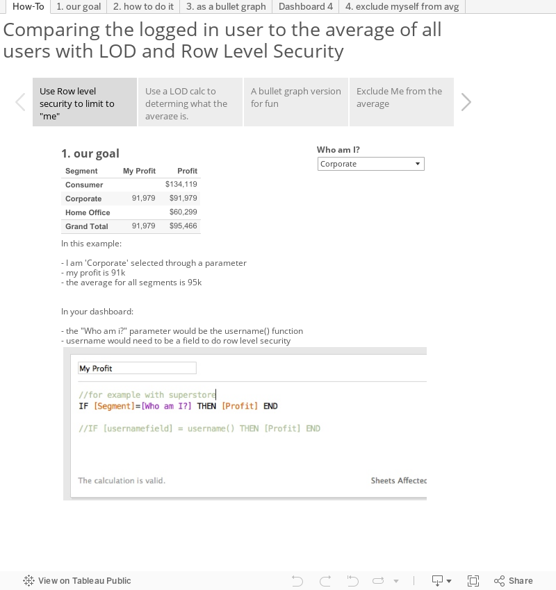 Comparing the logged in user to the average of all users with LOD and Row Level Security 