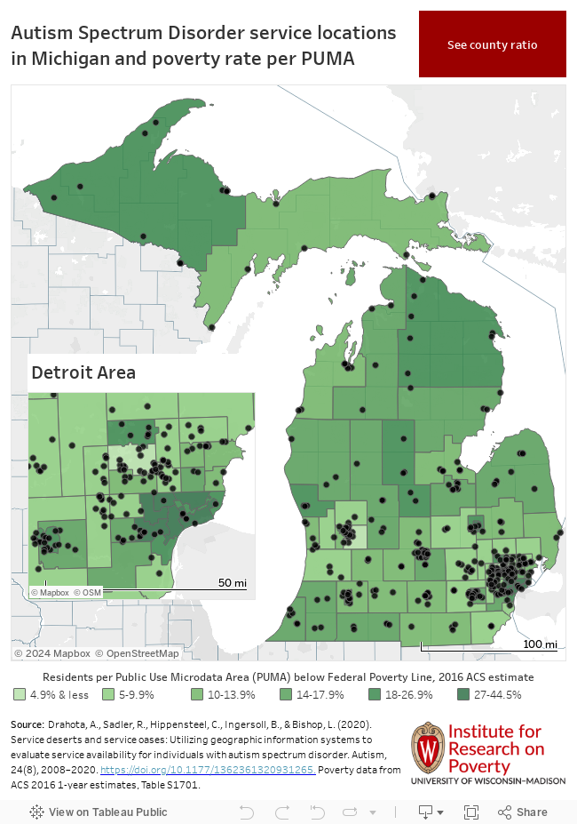 Autism Spectrum Disorder service locations in Michigan and Poverty by PUMA 