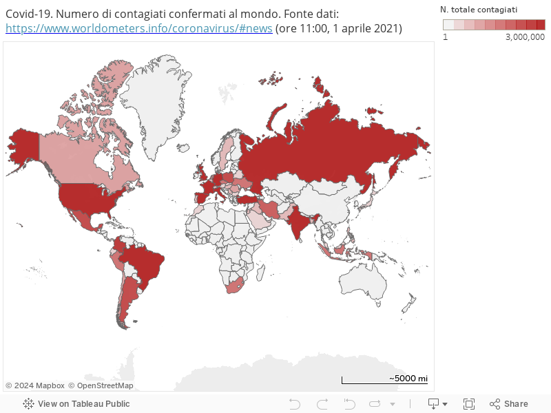 Covid-19. Numero di contagiati confermati al mondo. Fonte dati: https://www.worldometers.info/coronavirus/#news (ore 11:00, 1 aprile 2021) 
