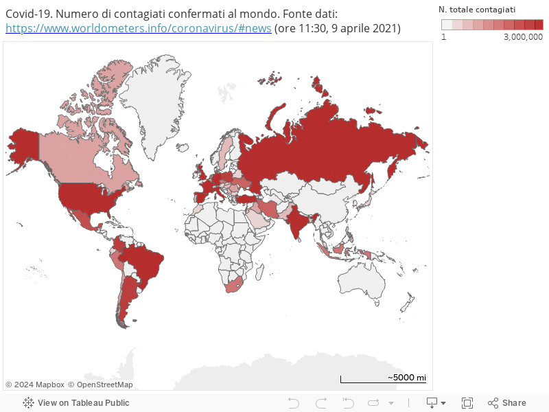 Covid-19. Numero di contagiati confermati al mondo. Fonte dati: https://www.worldometers.info/coronavirus/#news (ore 11:30, 9 aprile 2021) 