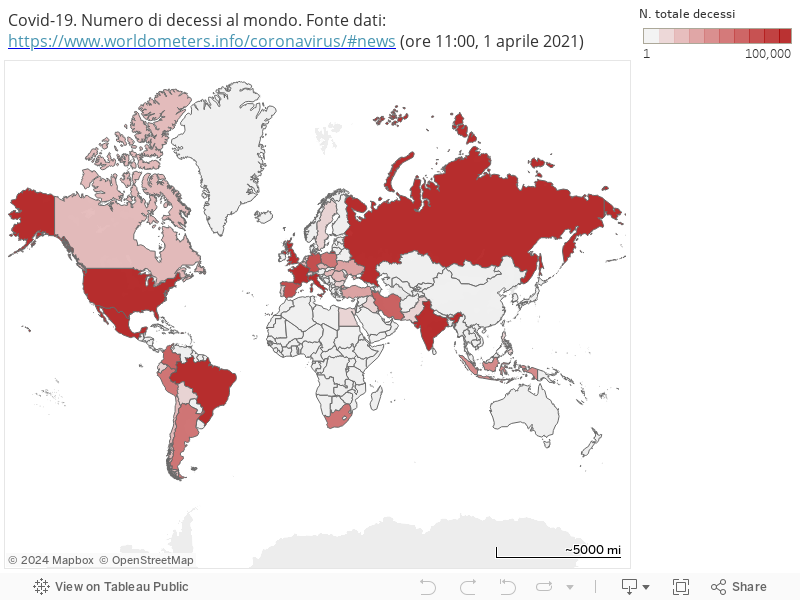 Covid-19. Numero di decessi al mondo. Fonte dati: https://www.worldometers.info/coronavirus/#news (ore 11:00, 1 aprile 2021) 