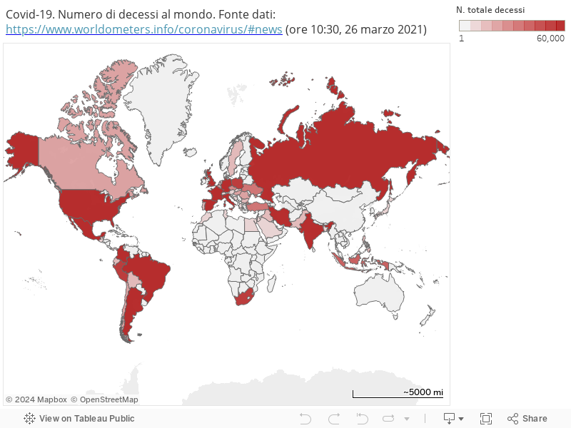 Covid-19. Numero di decessi al mondo. Fonte dati: https://www.worldometers.info/coronavirus/#news (ore 10:30, 26 marzo 2021) 