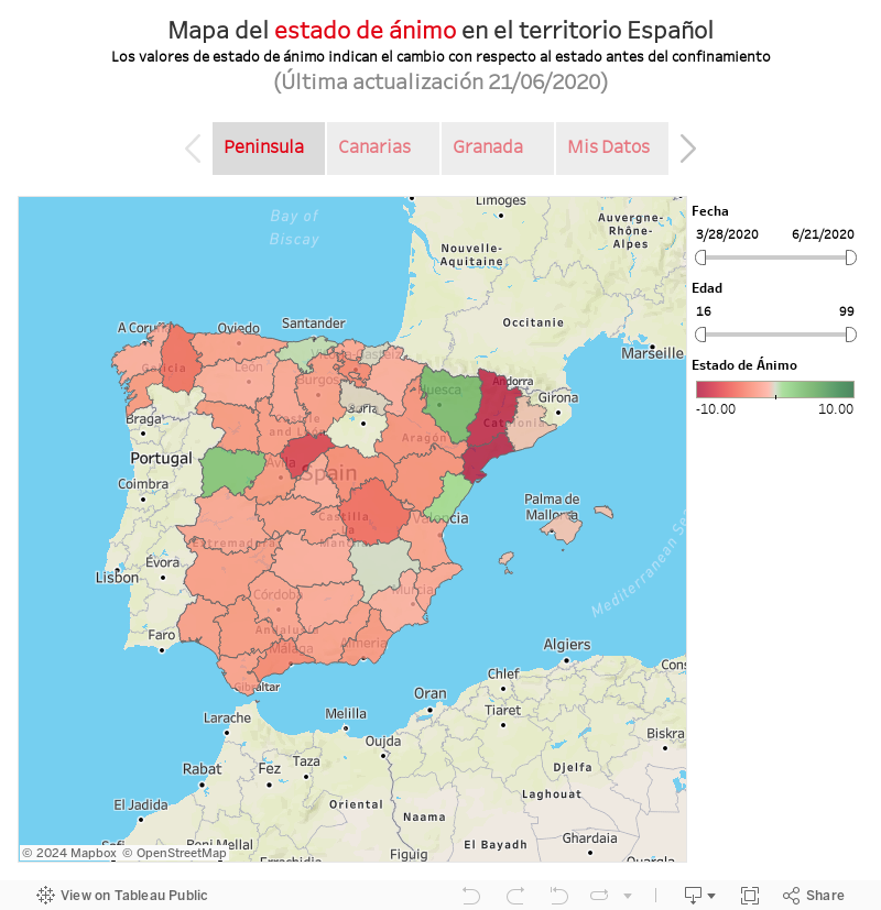 Mapa del estado de ánimo en el territorio EspañolLos valores de estado de ánimo indican el cambio con respecto al estado antes del confinamiento(Última actualización 21/06/2020) 