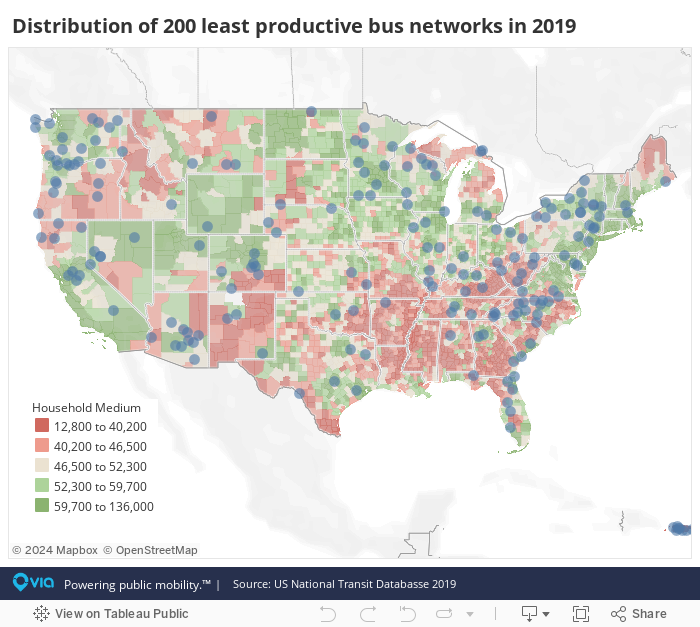 Distribution of 200 least productive bus networks in 2019 