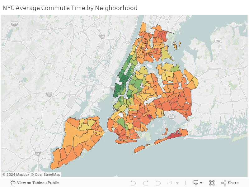Map Showing NYC Average Commute Time by Neighborhood