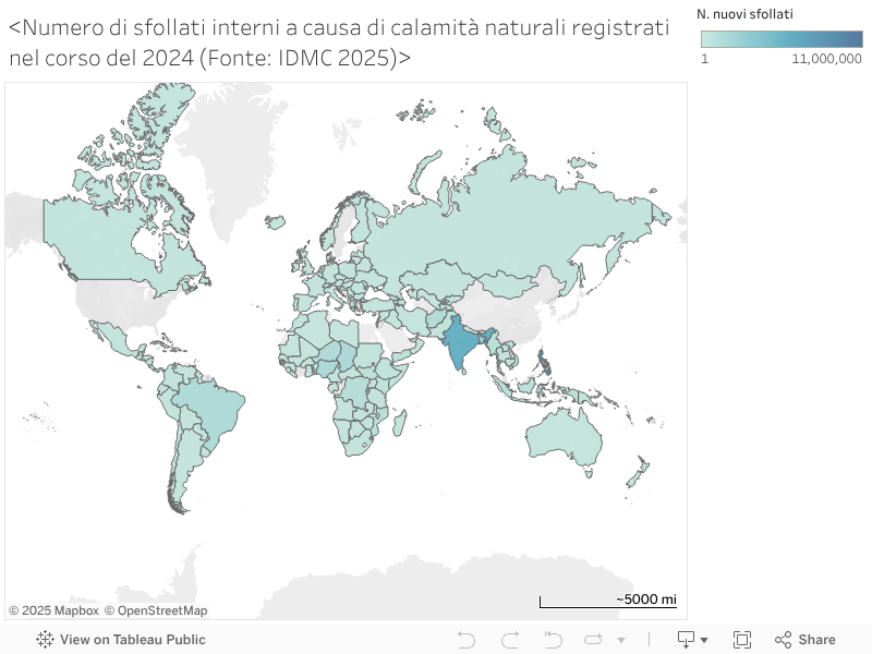 <Numero di sfollati interni a causa di calamità naturali registrati nel corso del 2024 (Fonte: IDMC 2025)> 