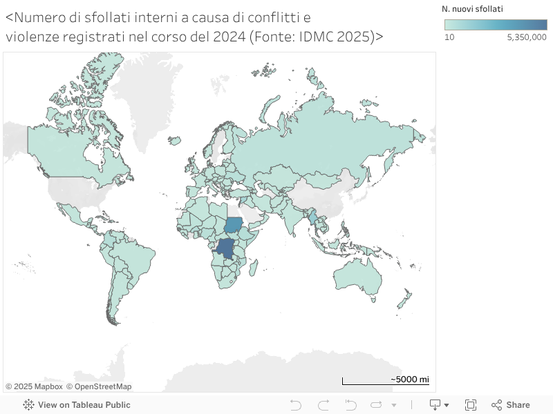<Numero di sfollati interni a causa di conflitti e violenze registrati nel corso del 2024 (Fonte: IDMC 2025)> 