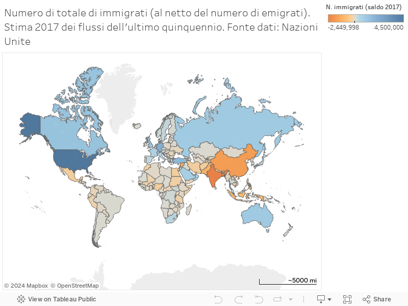 Numero di totale di immigrati (al netto del numero di emigrati). Stima 2017 dei flussi dell'ultimo quinquennio. Fonte dati: Nazioni Unite 