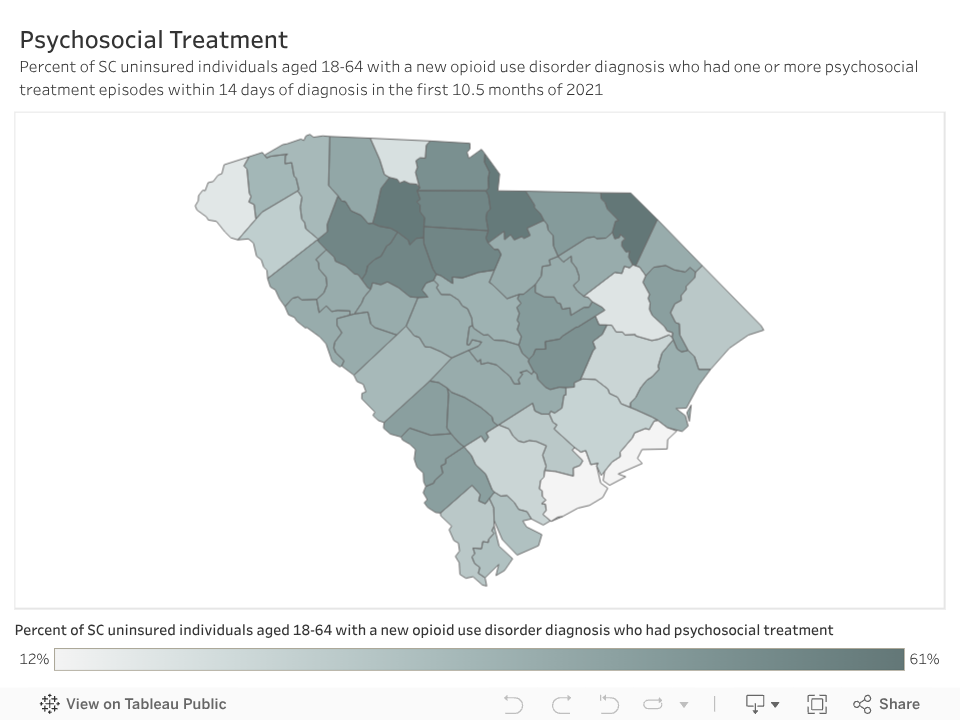 Percent of SC uninsured individuals aged 18-64 with a new opioid use disorder diagnosis who had one or more psychosocial treatment episodes within 14 days of diagnosis in the first 10.5 months of 2021 