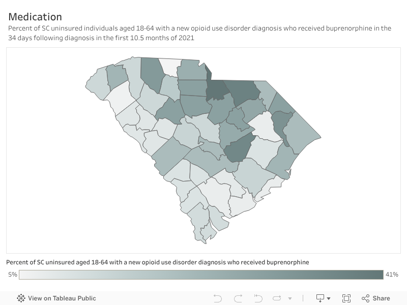 Percent of SC uninsured individuals aged 18-64 with a new opioid use disorder diagnosis who received buprenorphine in the 34 days following diagnosis in the first 10.5 months of 2021 