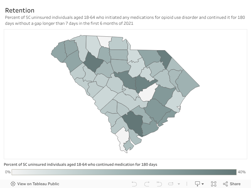 Percent of SC uninsured individuals aged 18-64 who initiated any medications for opioid use disorder and continued it for 180 days without a gap longer than 7 days in the first 6 months of 2021 