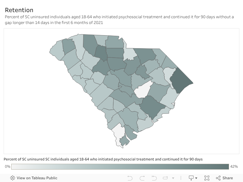 Percent of SC uninsured individuals aged 18-64 who initiated psychosocial treatment and continued it for 90 days without a gap longer than 14 days in the first 6 months of 2021 
