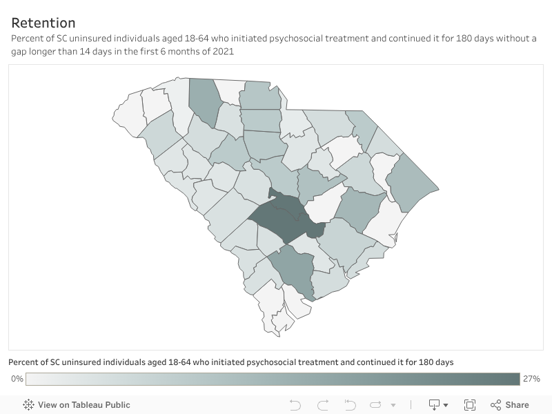 Percent of SC uninsured individuals aged 18-64 who initiated psychosocial treatment and continued it for 180 days without a gap longer than 14 days in the first 6 months of 2021 