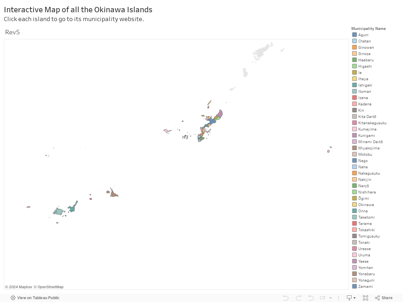 Interactive Map of all the Okinawa IslandsClick each island to go to its municipality website. 