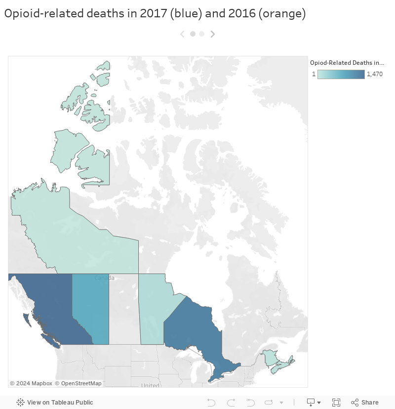 Opioid-related deaths in 2017 (blue) and 2016 (orange) 