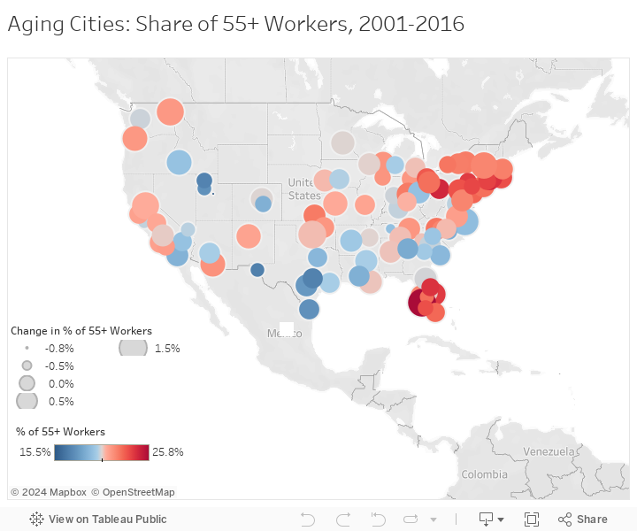 Aging Cities: Share of 55+ Workers, 2001-2016 