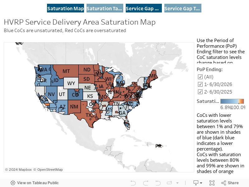 HVRP Service Delivery Area Saturation MapBlue CoCs are unsaturated, Red CoCs are oversaturated 