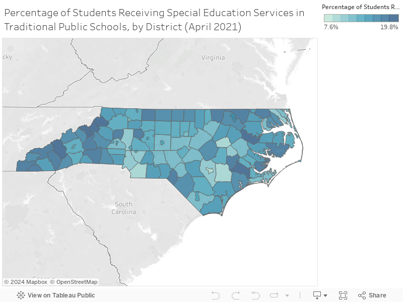 Percentage of Students Receiving Special Education Services in Traditional Public Schools, by District (April 2021) 