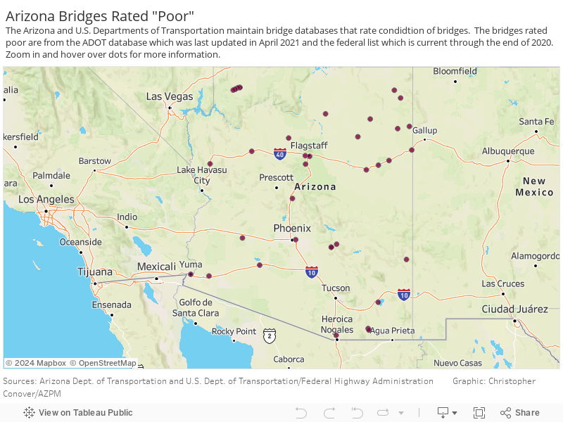 Bridges rated "Poor" by ADOTZoom in and hover over dots for more information. ADOT last updated their information on April 12, 2021 