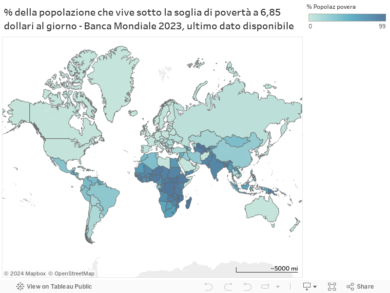 % della popolazione che vive sotto la soglia di povertà a 6,85 dollari al giorno - Banca Mondiale 2023, ultimo dato disponibile  