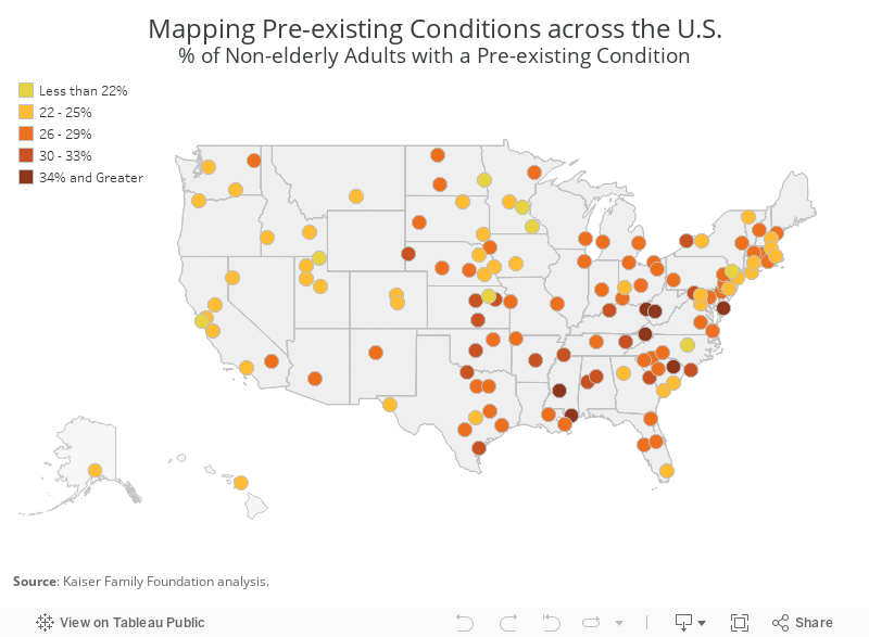 Mapping Pre-existing Conditions across the U.S.% of Non-elderly Adults with a Pre-existing Condition 