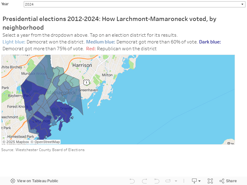 Presidential elections 2012-2024: How Larchmont-Mamaroneck voted, by neighborhoodSelect a year from the dropdown above. Tap on an election district for its results. Light blue: Democrat won the district. Medium blue: Democrat got more than 60% of vote.  