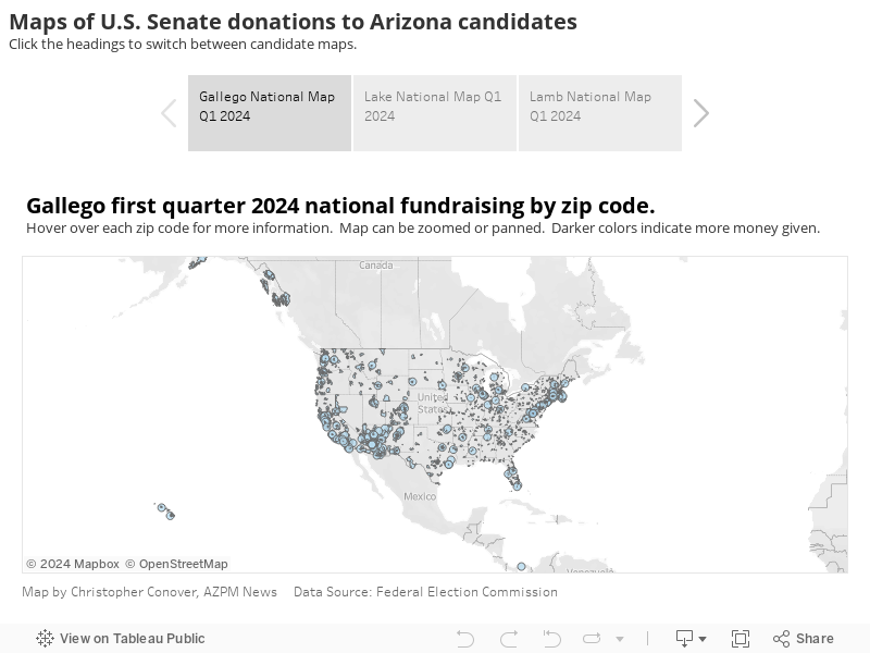 Maps of U.S. Senate donations to Arizona candidatesClick the headings to switch between candidate maps.  