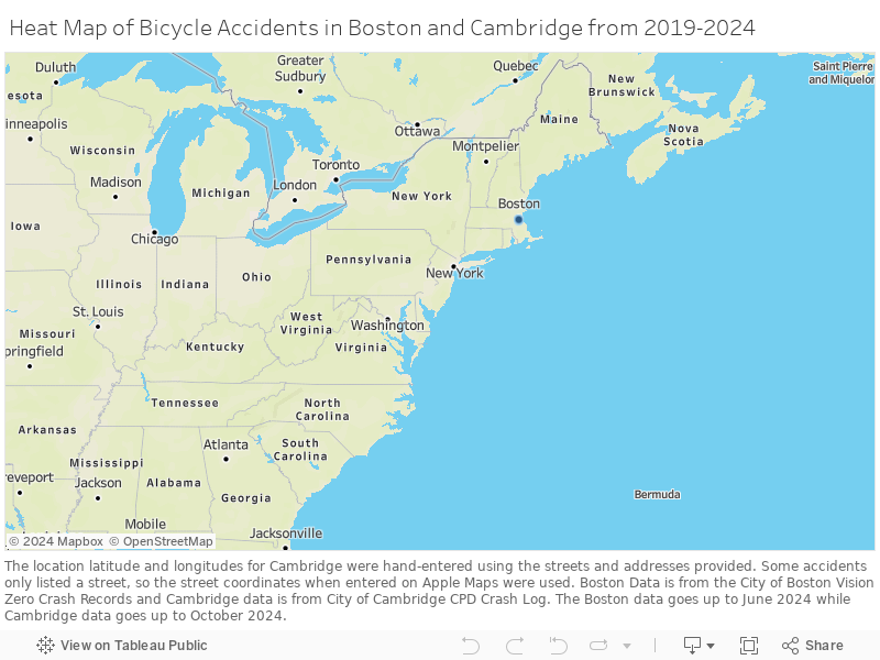 Heat Map of Bicycle Accidents in Boston and Cambridge from 2019-2024  