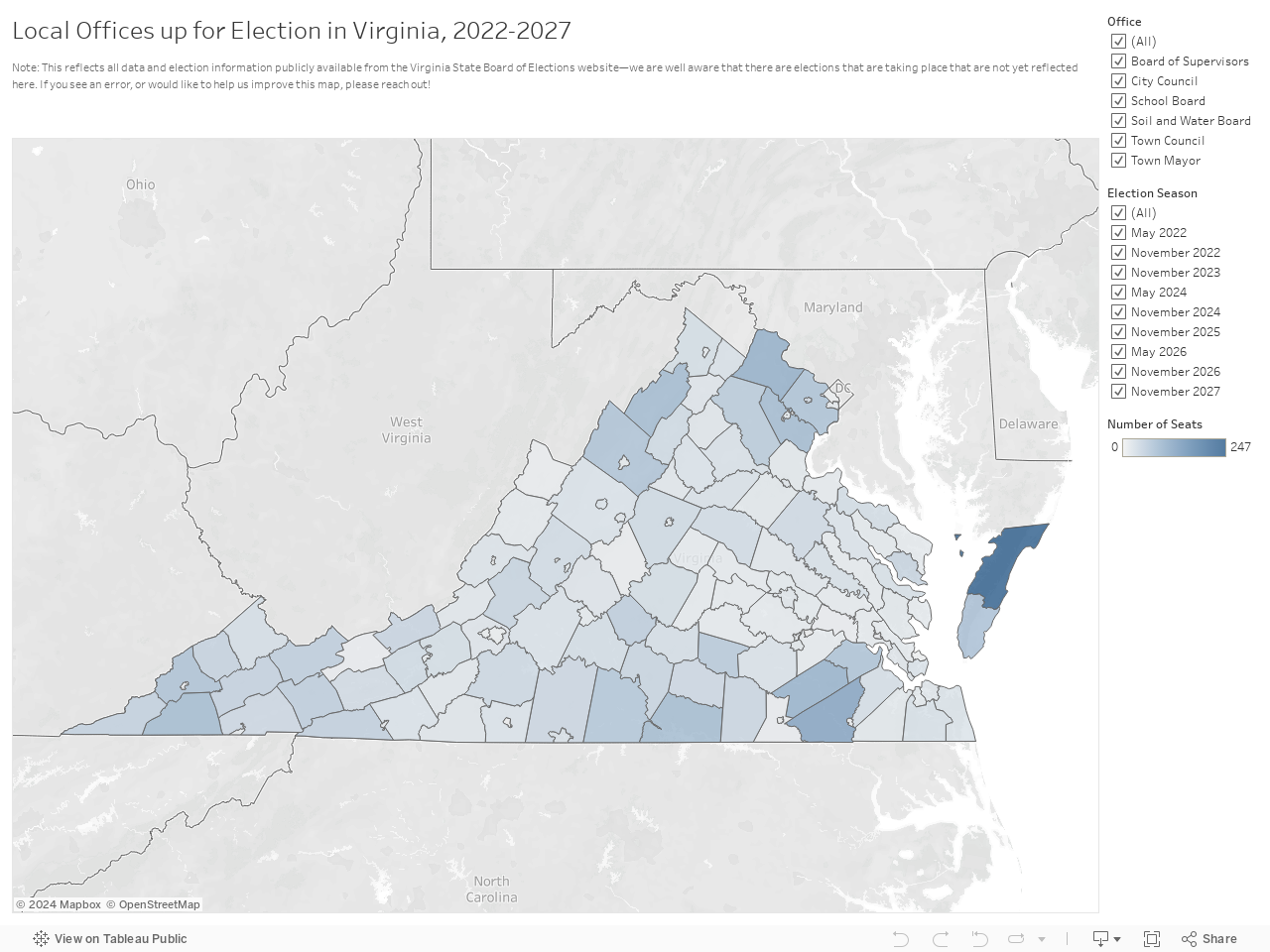 Local Offices up for Election in Virginia, 2022-2027 