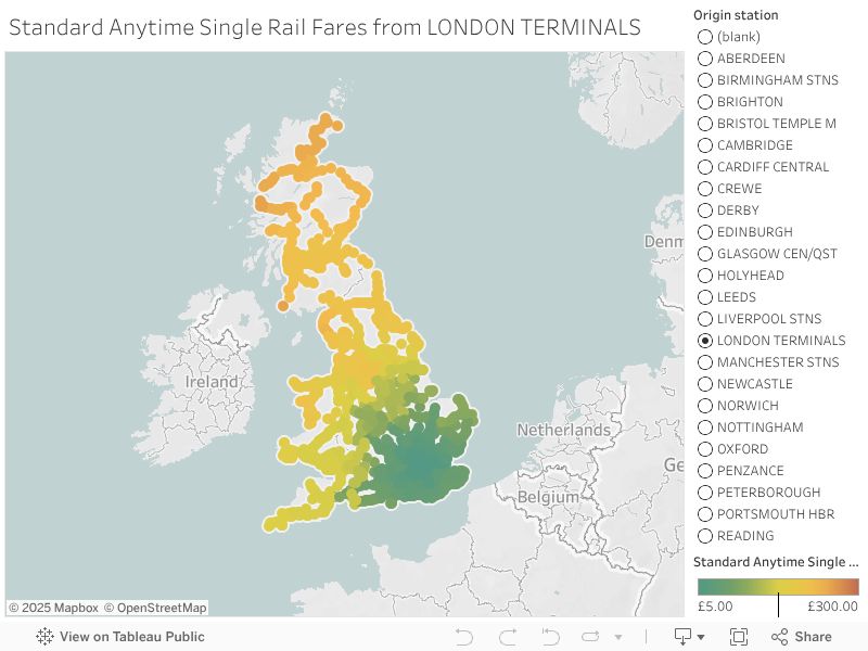 Standard Anytime Single Rail Fares from LONDON TERMINALS 