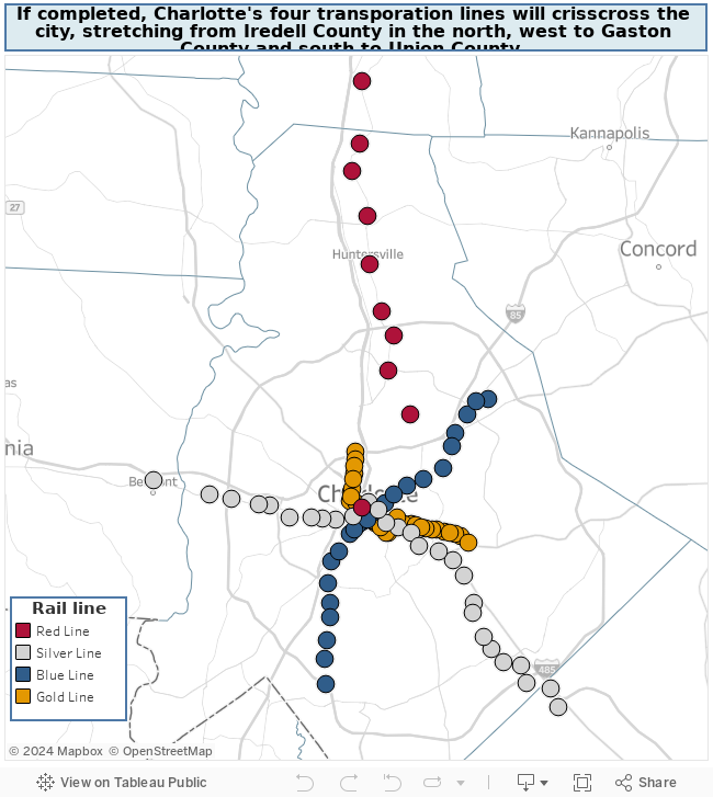 Here is a map of current, planned Charlotte light rail lines ...