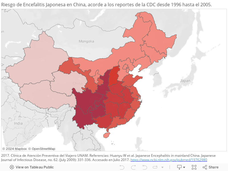 Riesgo de Encefalitis Japonesa en China, acorde a los reportes de la CDC desde 1996 hasta el 2005. 