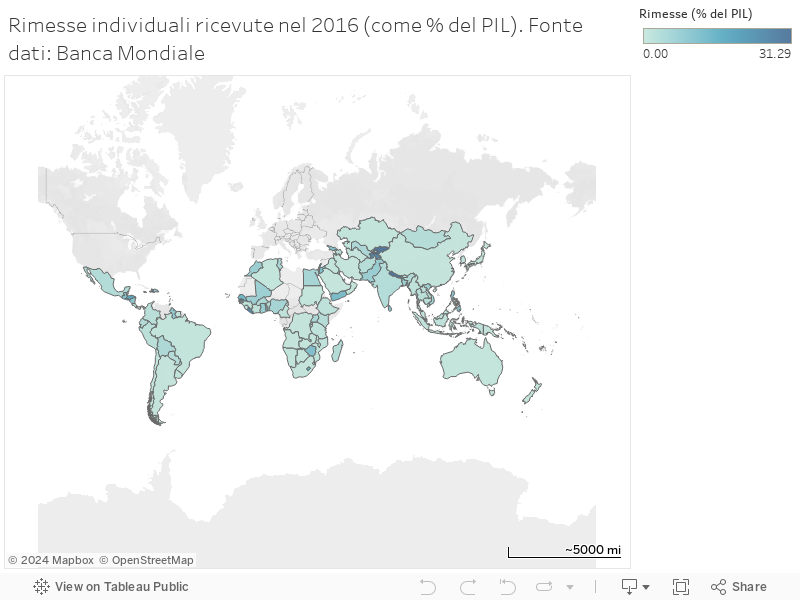 Rimesse individuali ricevute nel 2016 (come % del PIL). Fonte dati: Banca Mondiale 