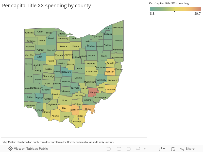 Per capita Title XX spending by county 
