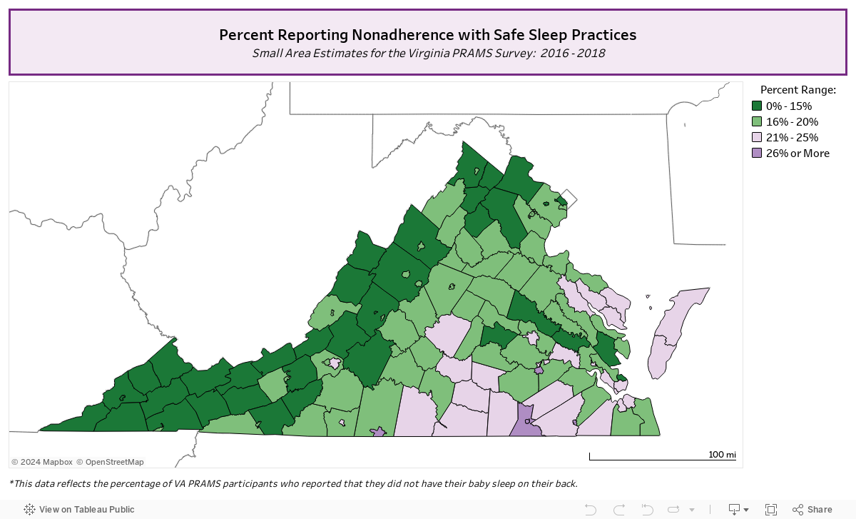 Percent Reporting Nonadherence with Safe Sleep PracticesSmall Area Estimates for the Virginia PRAMS Survey:  2016 - 2018 