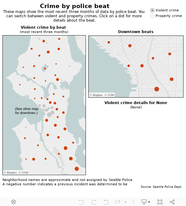 Crime by police beatThese maps show the most recent three months of data by police beat. You can switch between violent and property crimes. Click on a dot for more details about the beat. 