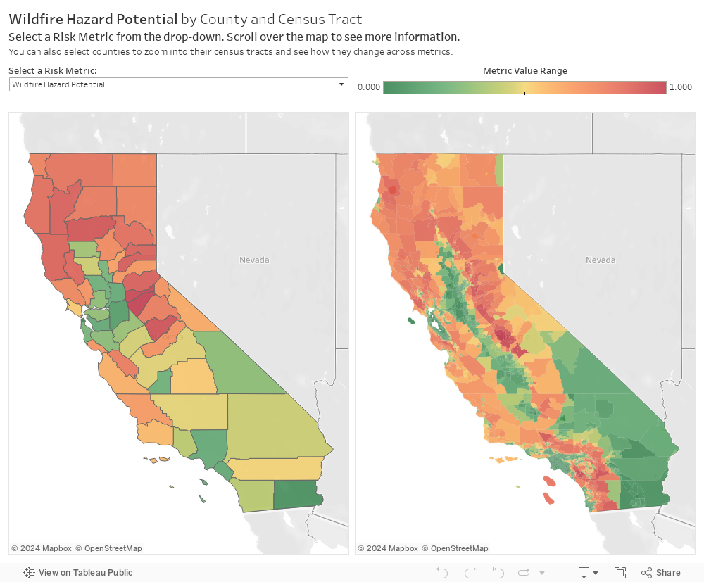Wildfire Hazard Potential by County and Census TractSelect a Risk Metric from the drop-down. Scroll over the map to see more information. You can also select counties to zoom into their census tracts and see how they change across metrics. 