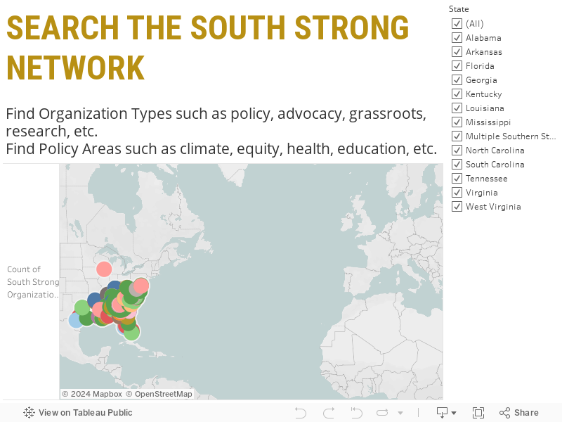 Search the SouthStrong NetworkFind Organization Types such as policy, advocacy, grassroots, research, etc.Find Policy Areas such as climate, equity, health, education, etc.  